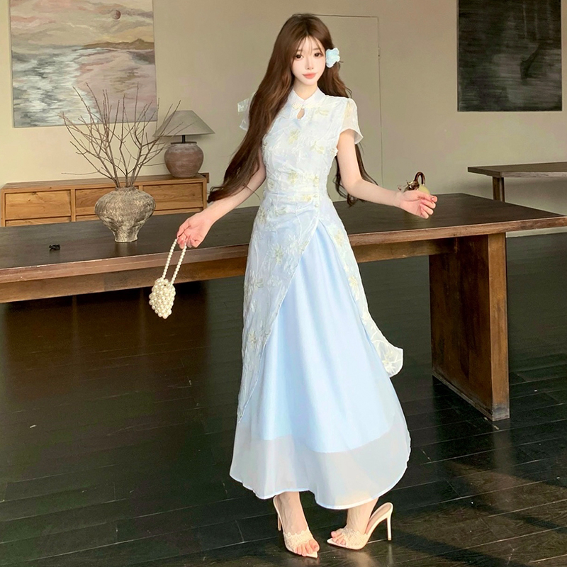 New Chinese Style Modified Qipao Dress Women Summer Light Blue Waist Cinched Slimming Slit Long Dress National Style Fairy Dress - Image 5