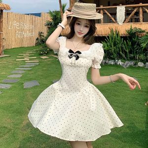 Polka Dot Lace Spliced Puff Princess Dress with Bow