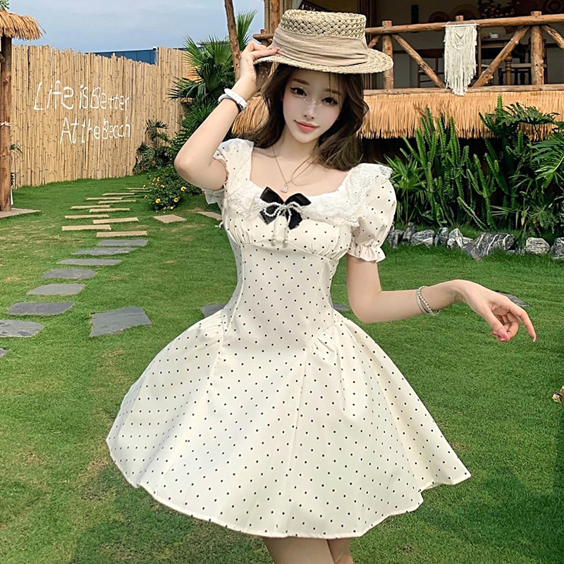 Polka Dot Lace Spliced Puff Princess Dress with Bow