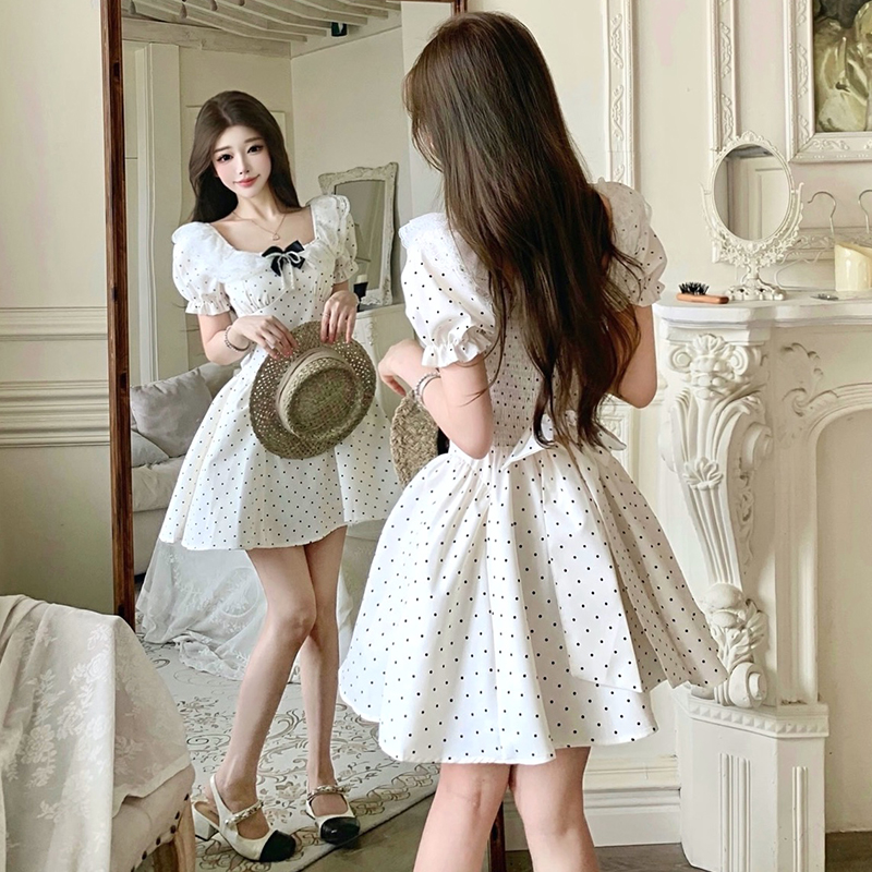 Polka Dot Lace Spliced Puff Princess Dress with Bow - Image 2