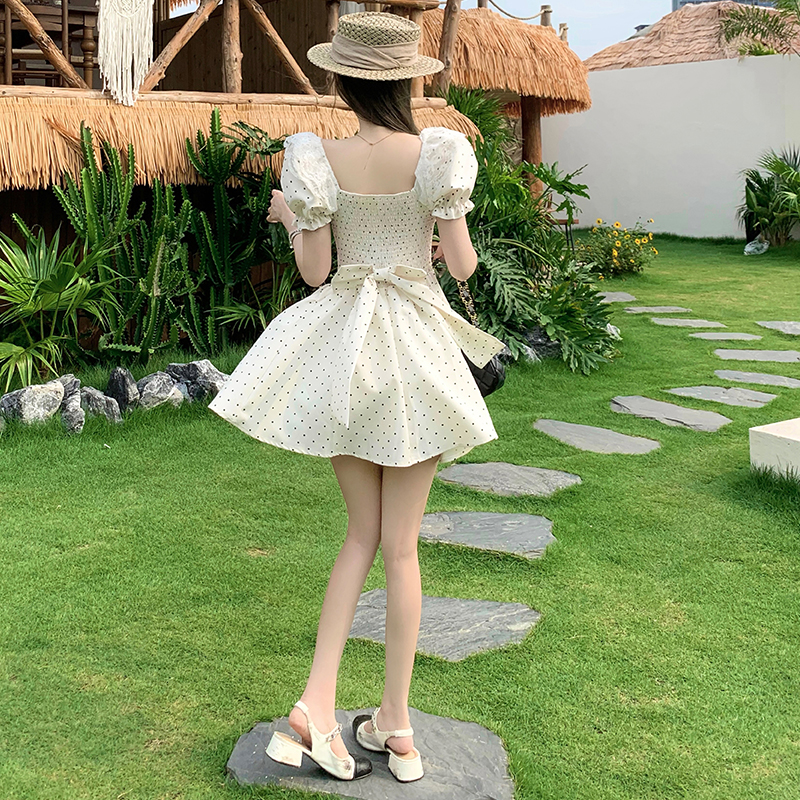 Polka Dot Lace Spliced Puff Princess Dress with Bow - Image 4