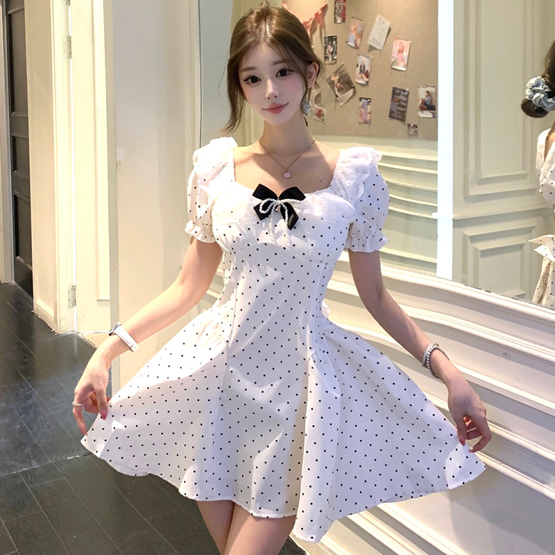 Polka Dot Lace Spliced Puff Princess Dress with Bow - Image 5