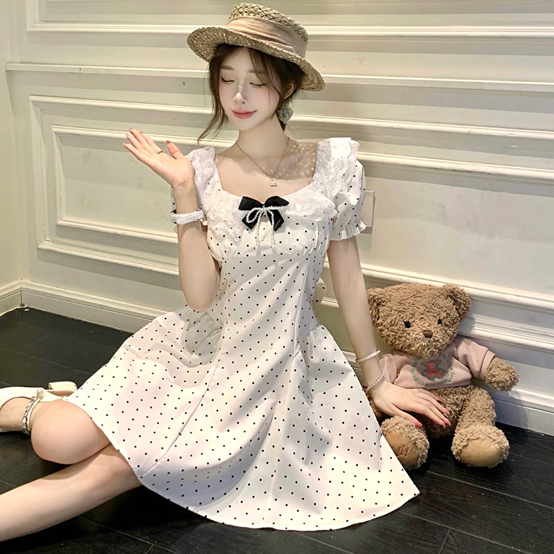 Polka Dot Lace Spliced Puff Princess Dress with Bow - Image 3