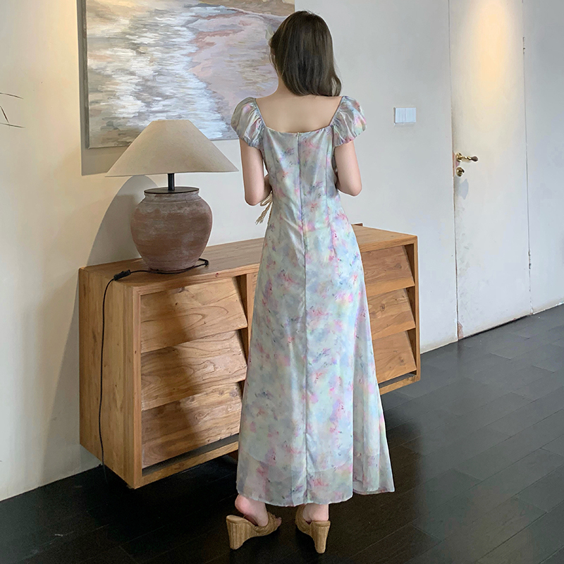 Summer French Elegant Gradient Pearl Gloss Short Sleeve Off Shoulder Dress - Image 4