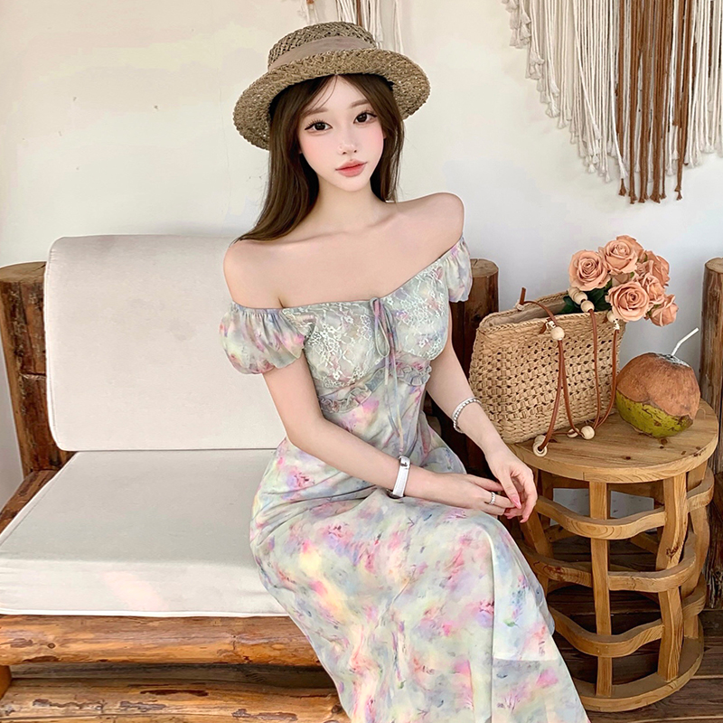 Summer French Elegant Gradient Pearl Gloss Short Sleeve Off Shoulder Dress
