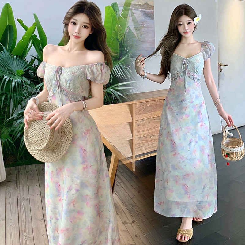 Summer French Elegant Gradient Pearl Gloss Short Sleeve Off Shoulder Dress - Image 3