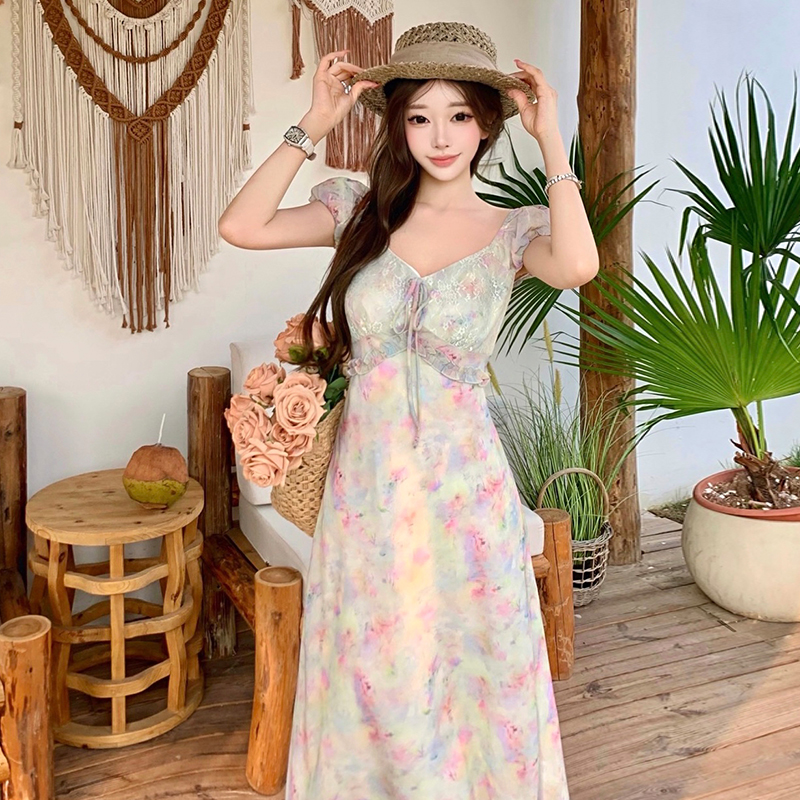 Summer French Elegant Gradient Pearl Gloss Short Sleeve Off Shoulder Dress - Image 2