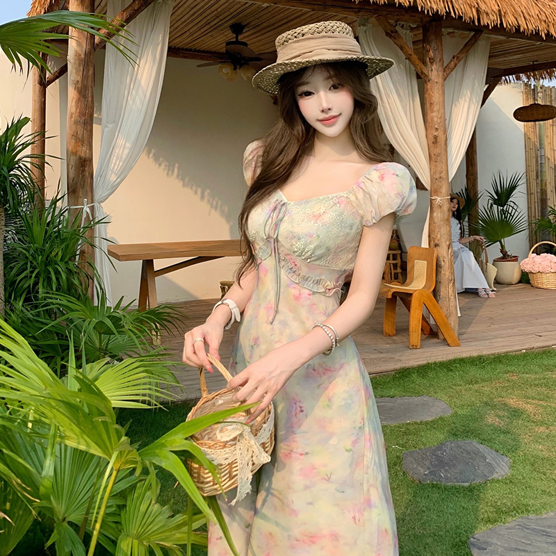 Summer French Elegant Gradient Pearl Gloss Short Sleeve Off Shoulder Dress - Image 5
