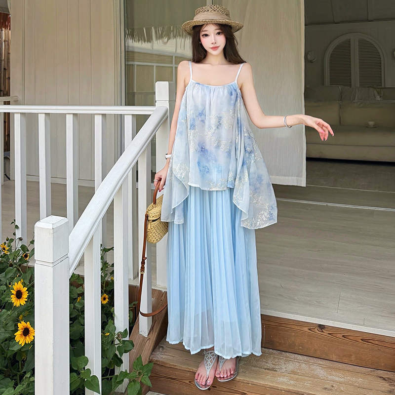 Sleeveless Floral Chiffon Maxi Dress French Style Summer New
