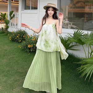 Sweet Sleeveless Chiffon Cami Dress for Women Summer Slim Waist Midi Dress