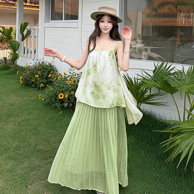 Sweet Sleeveless Chiffon Cami Dress for Women Summer Slim Waist Midi Dress