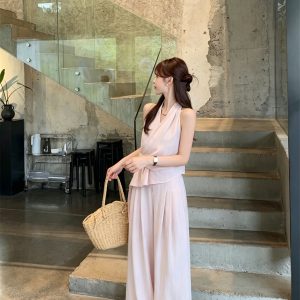 Gentle V-Neck Halter Shirt and Wide-Leg Pants Set