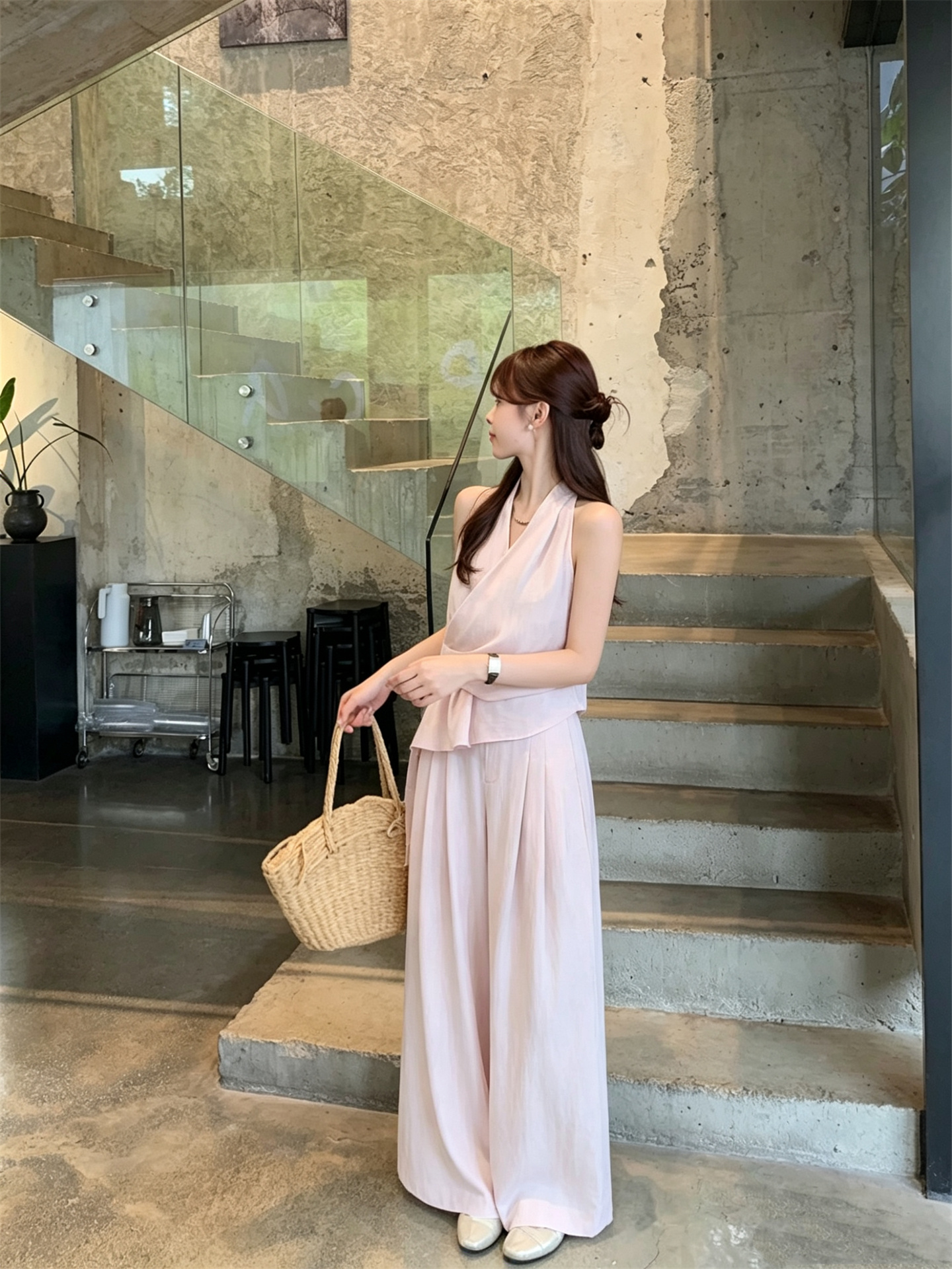 Gentle V-Neck Halter Shirt and Wide-Leg Pants Set