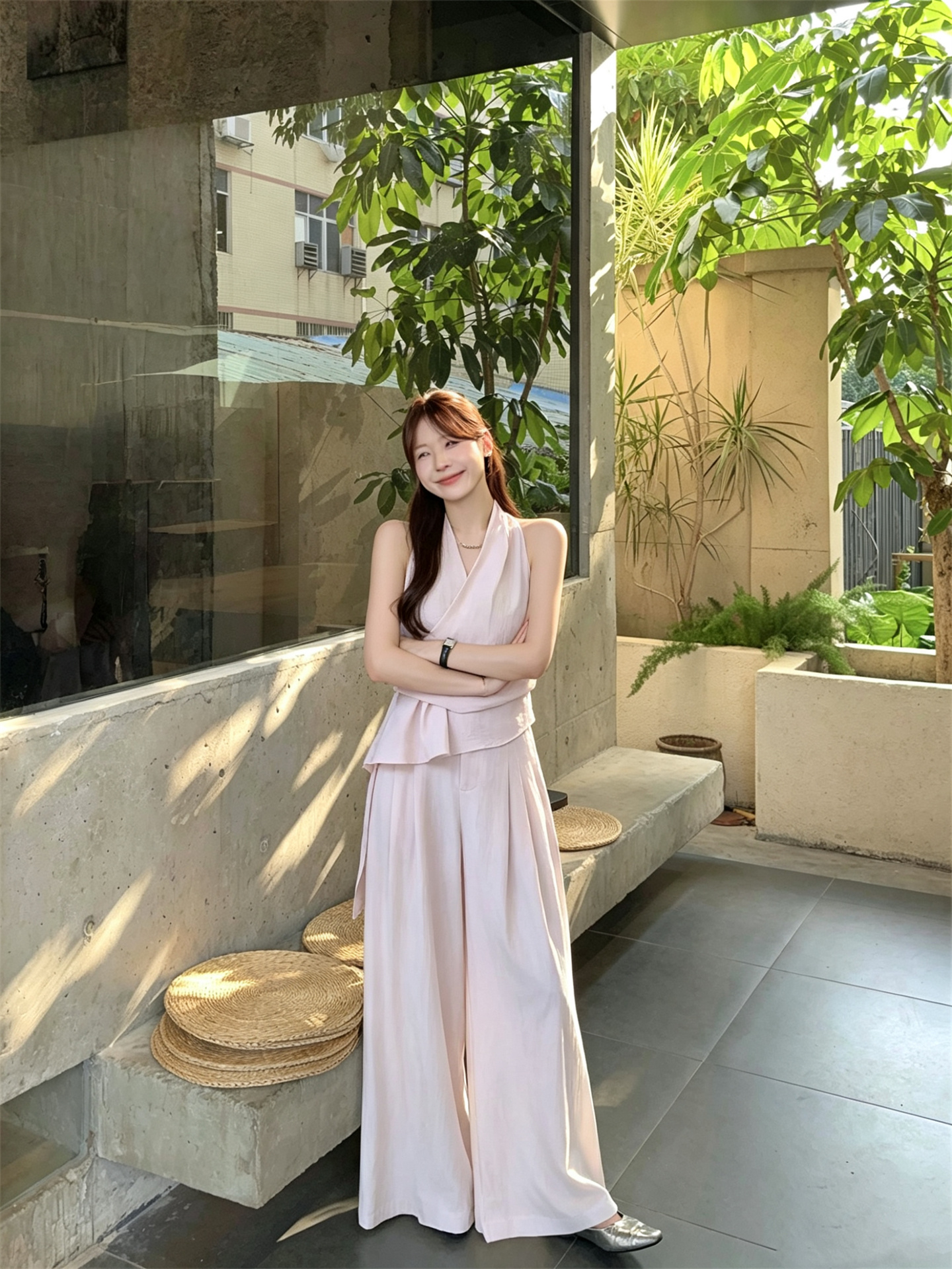 Gentle V-Neck Halter Shirt and Wide-Leg Pants Set - Image 2