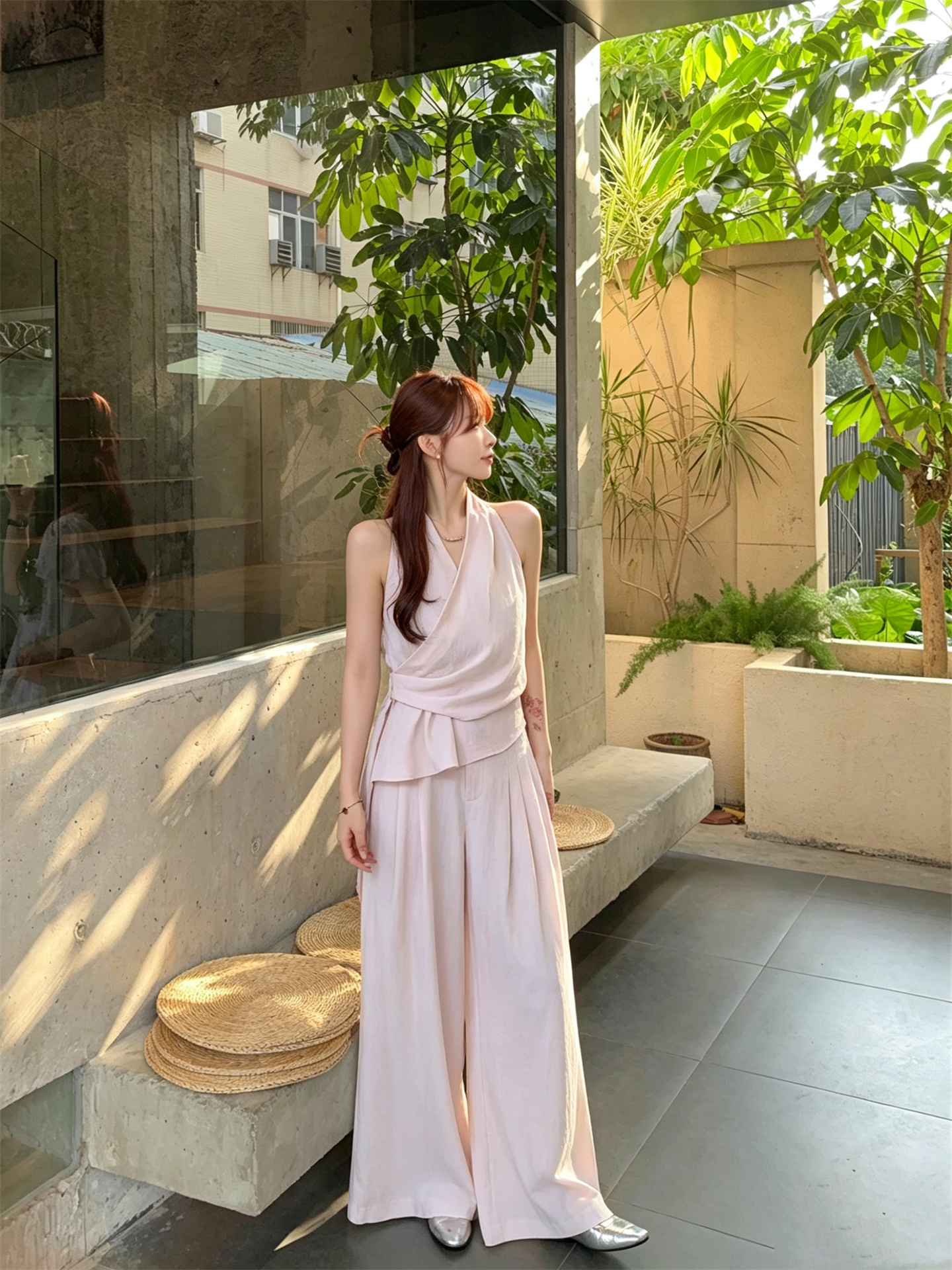 Gentle V-Neck Halter Shirt and Wide-Leg Pants Set - Image 3