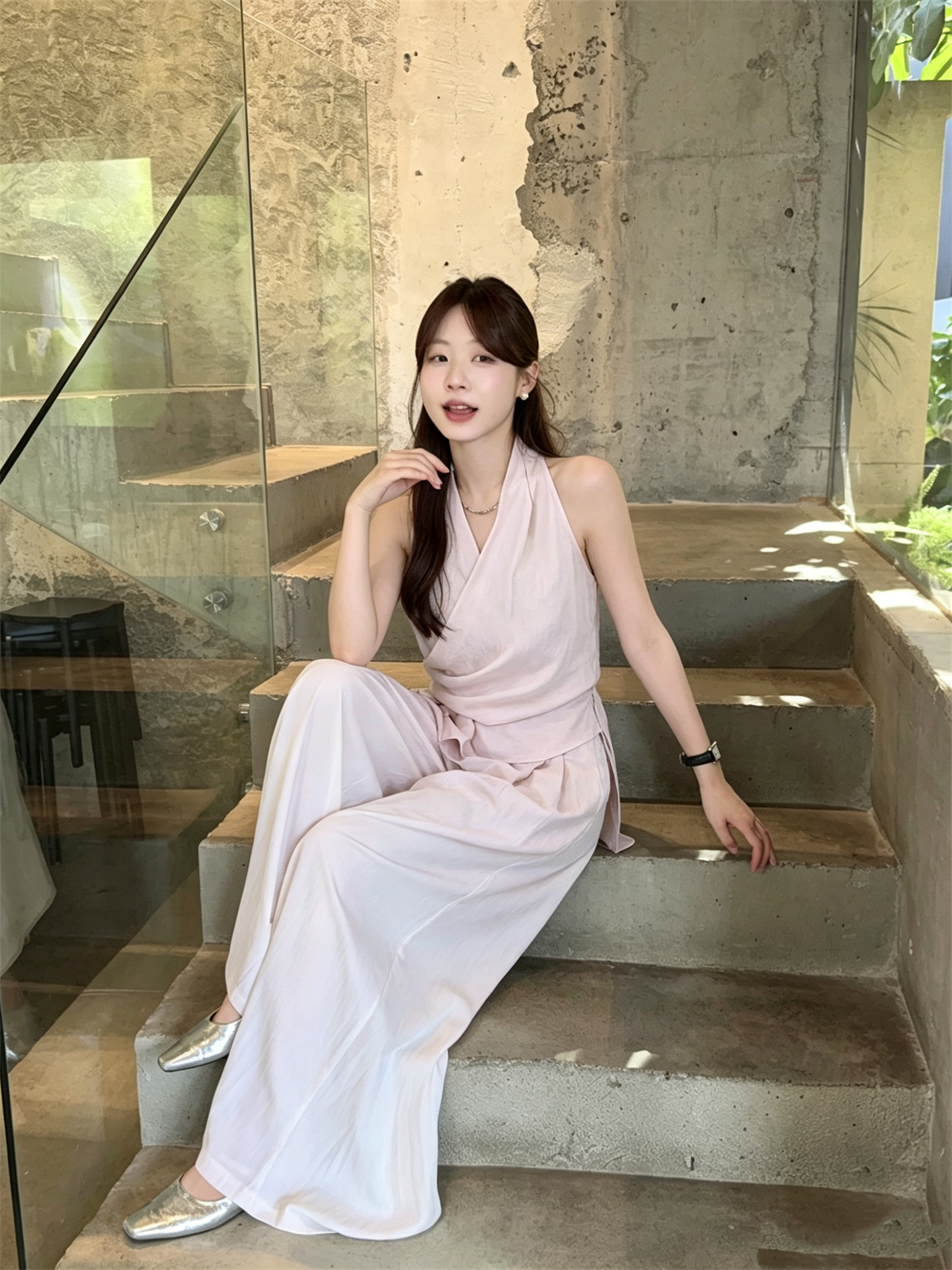 Gentle V-Neck Halter Shirt and Wide-Leg Pants Set - Image 4