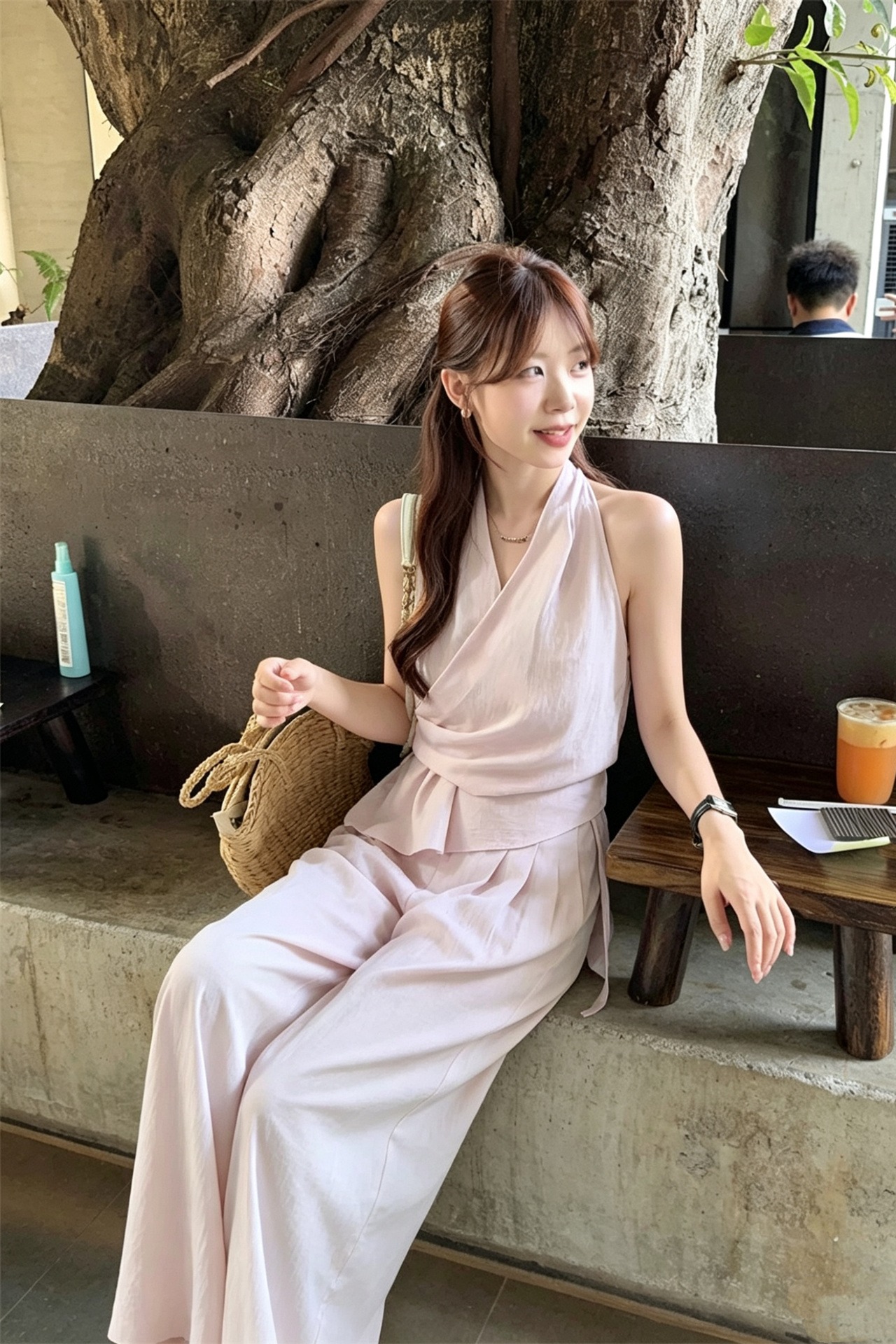Gentle V-Neck Halter Shirt and Wide-Leg Pants Set - Image 5