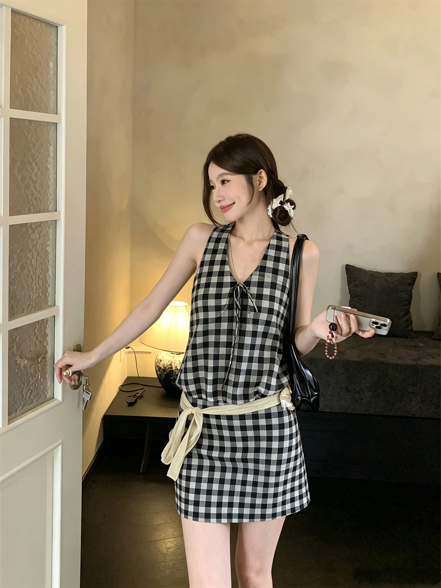 Sexy Plaid Halter Open-Back Bubble Cami Top and A-Line Bodycon Skirt Set
