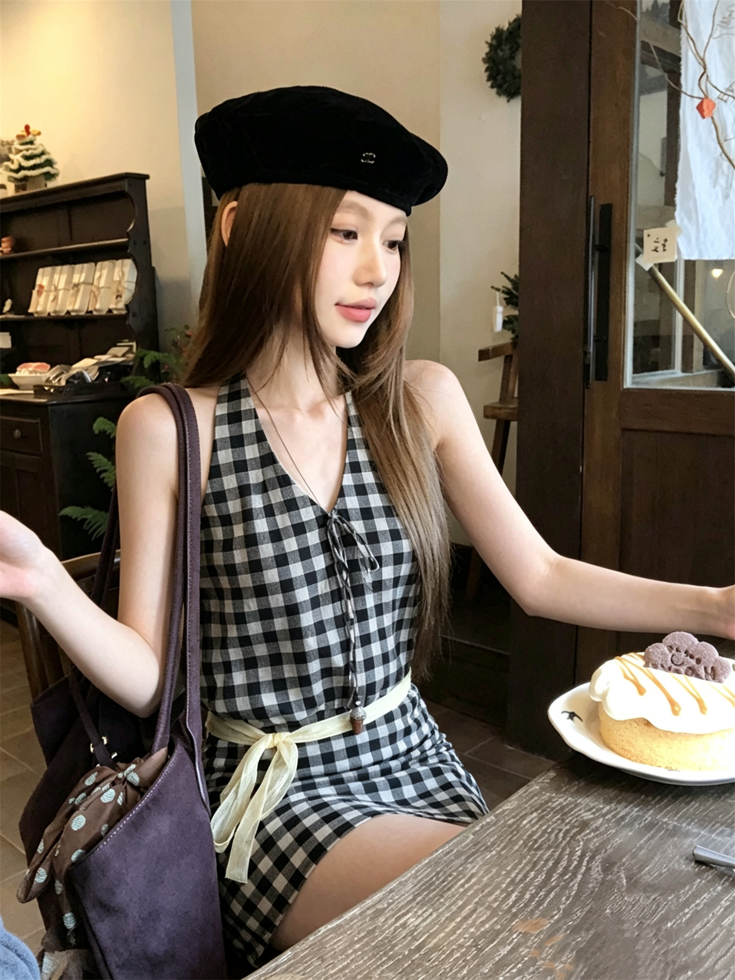 Sexy Plaid Halter Open-Back Bubble Cami Top and A-Line Bodycon Skirt Set - Image 2