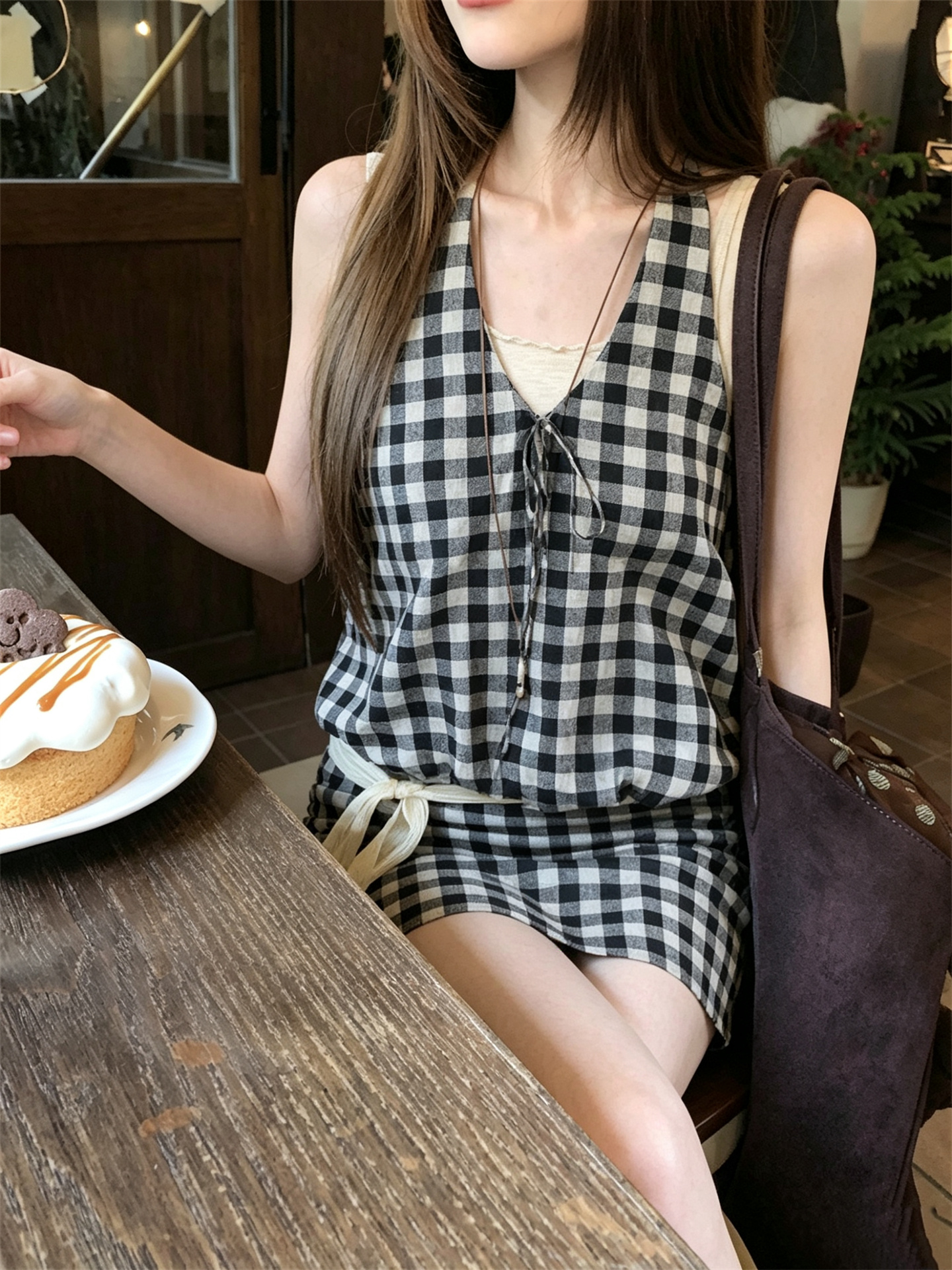 Sexy Plaid Halter Open-Back Bubble Cami Top and A-Line Bodycon Skirt Set - Image 4