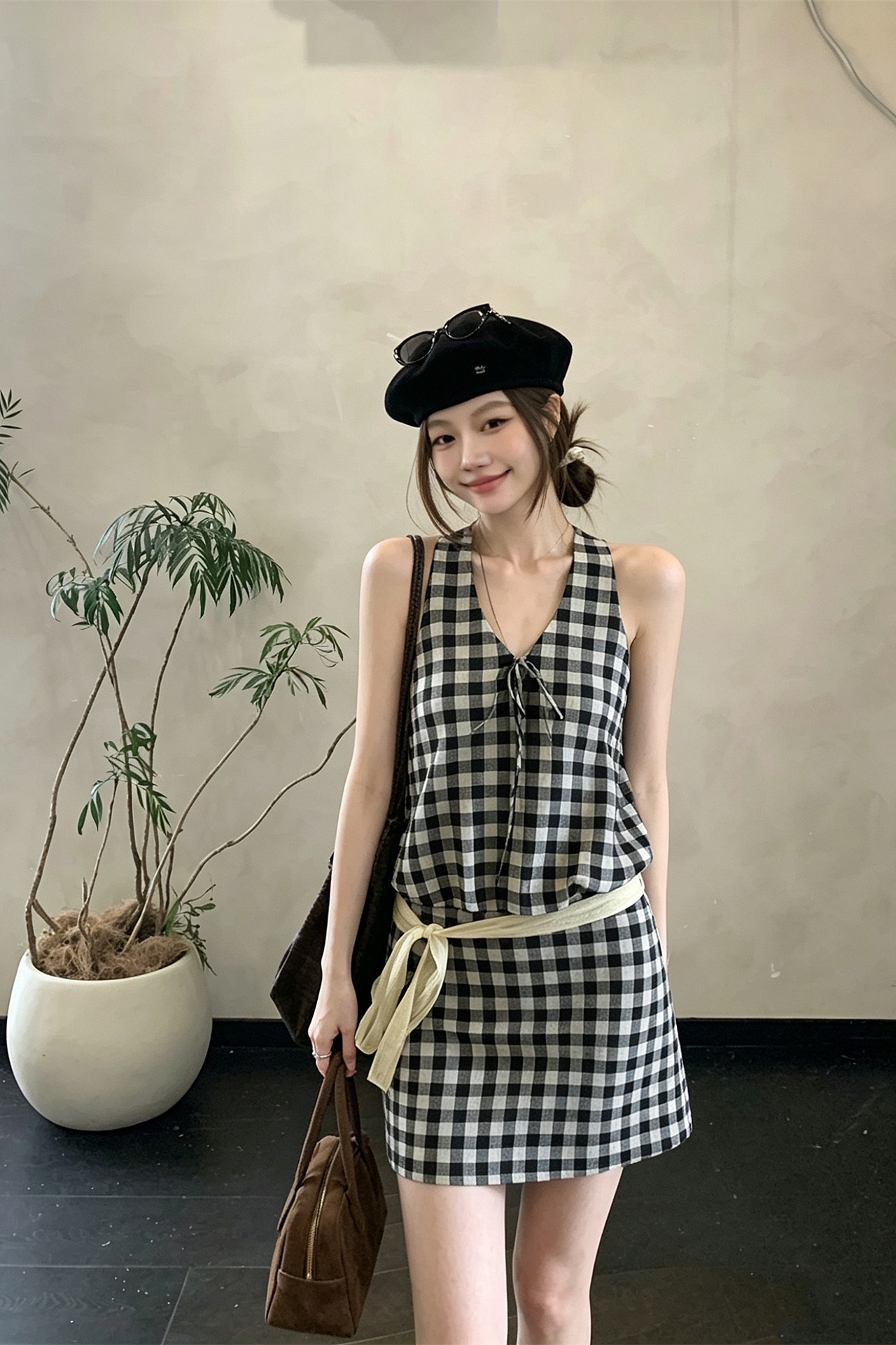 Sexy Plaid Halter Open-Back Bubble Cami Top and A-Line Bodycon Skirt Set - Image 5
