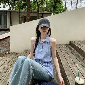 Sweet Textured Ruffle Drawstring Sleeveless Top