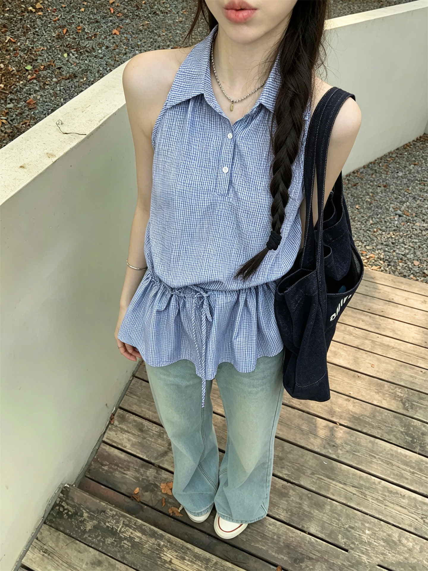Sweet Textured Ruffle Drawstring Sleeveless Top - Image 2