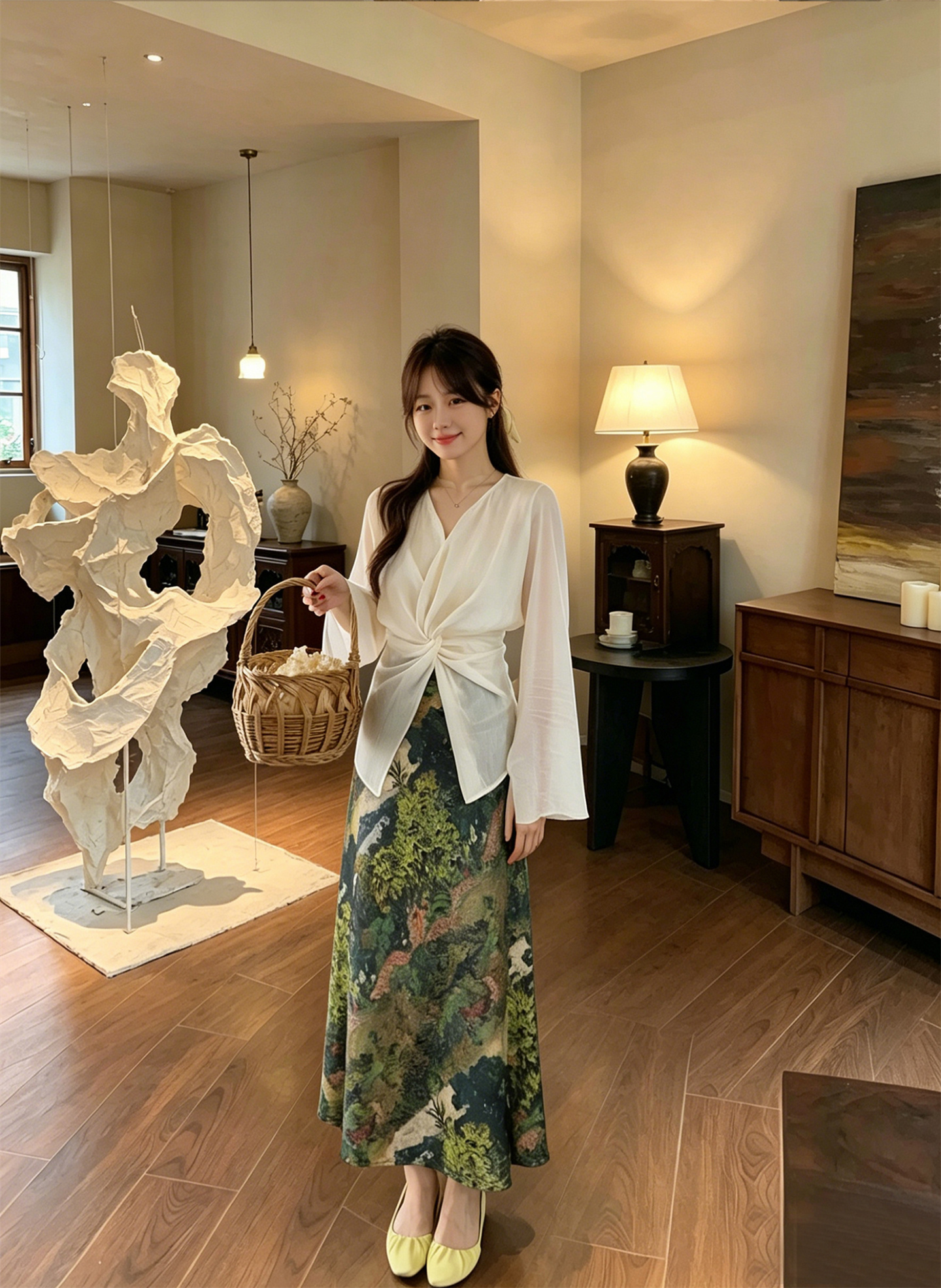 French Style Lightweight Sun Protection Knotted Flare Sleeve Shirt and Oil Painting A-Line Skirt Set