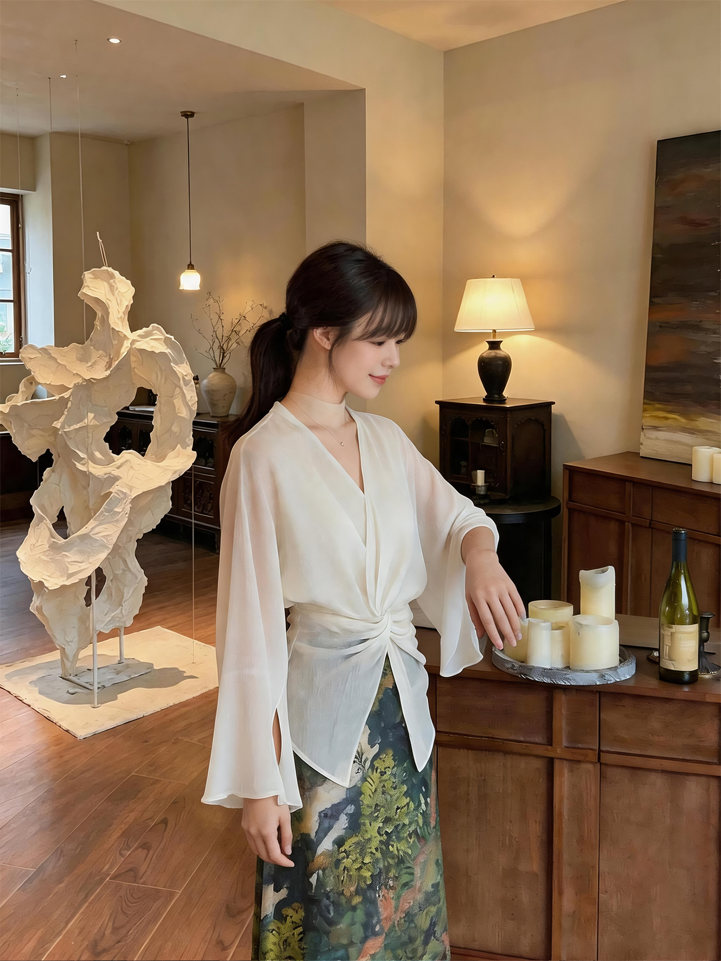 French Style Lightweight Sun Protection Knotted Flare Sleeve Shirt and Oil Painting A-Line Skirt Set - Image 2