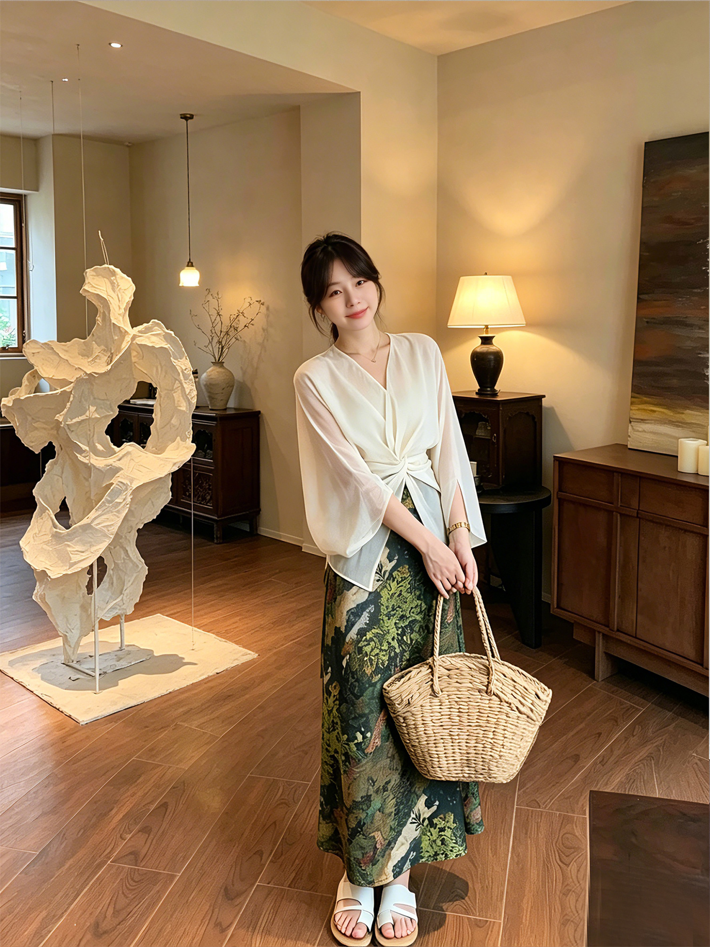 French Style Lightweight Sun Protection Knotted Flare Sleeve Shirt and Oil Painting A-Line Skirt Set - Image 3