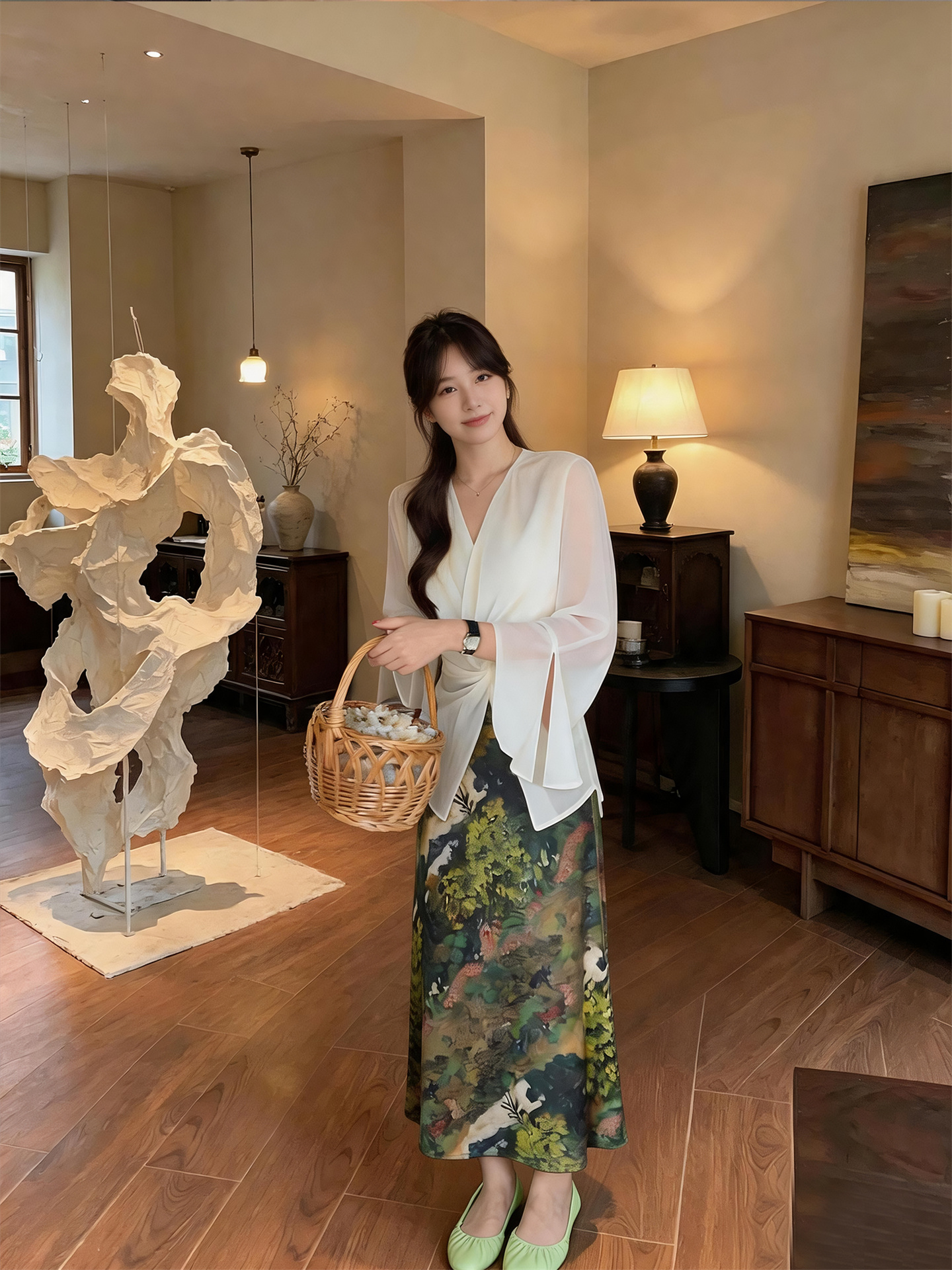 French Style Lightweight Sun Protection Knotted Flare Sleeve Shirt and Oil Painting A-Line Skirt Set - Image 4