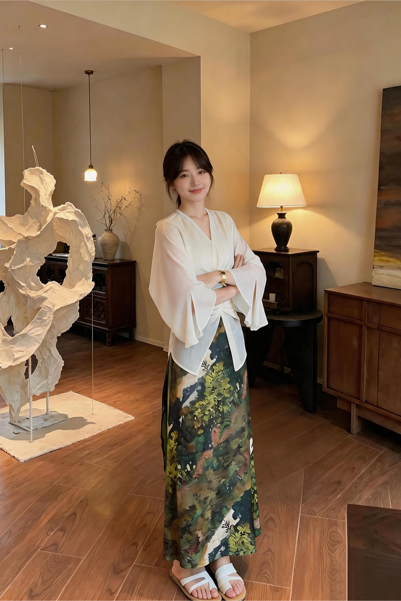 French Style Lightweight Sun Protection Knotted Flare Sleeve Shirt and Oil Painting A-Line Skirt Set - Image 5