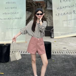 Sweet Plaid Sun Protection Shirt and High Waist Pocket Shorts Set