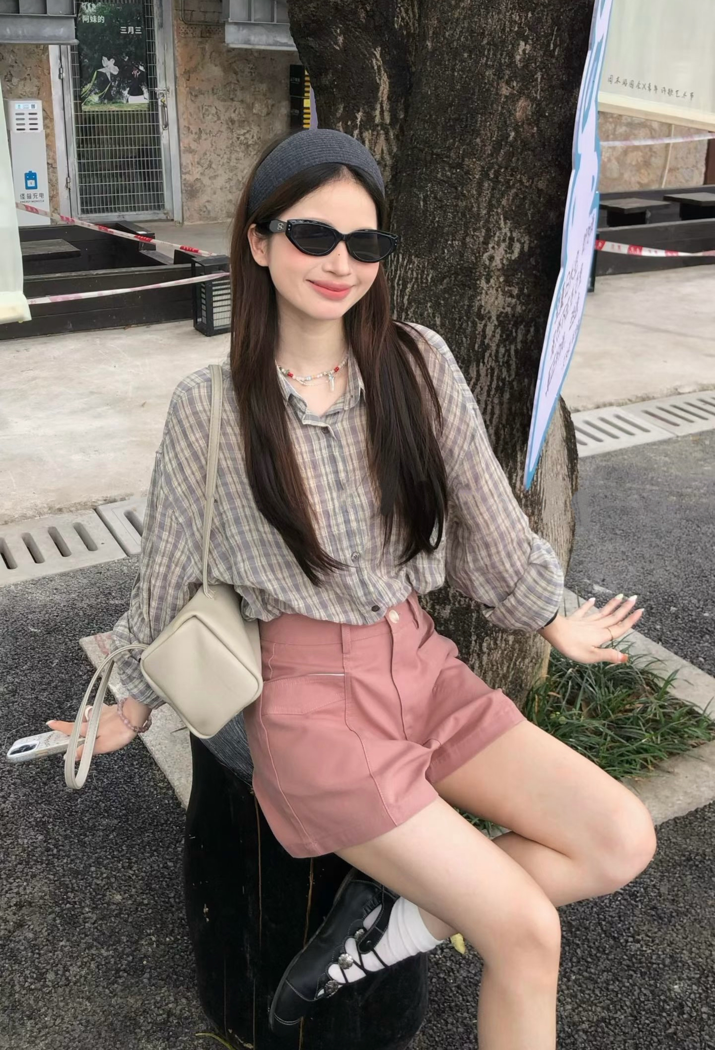 Sweet Plaid Sun Protection Shirt and High Waist Pocket Shorts Set - Image 4