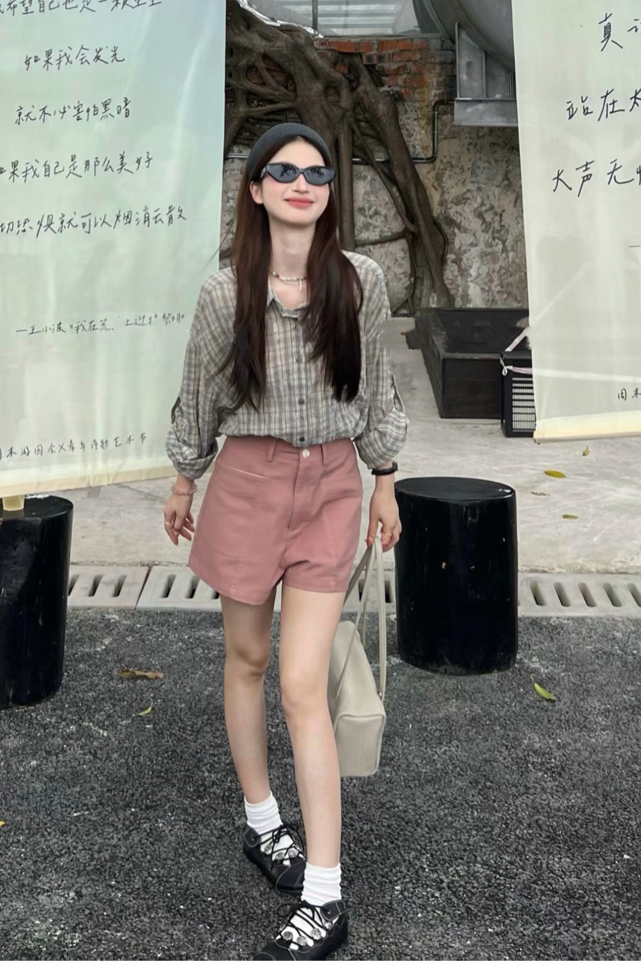 Sweet Plaid Sun Protection Shirt and High Waist Pocket Shorts Set - Image 5