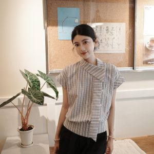 Sweet Vertical Stripe Flutter Sleeve Irregular Ribbon Blouse