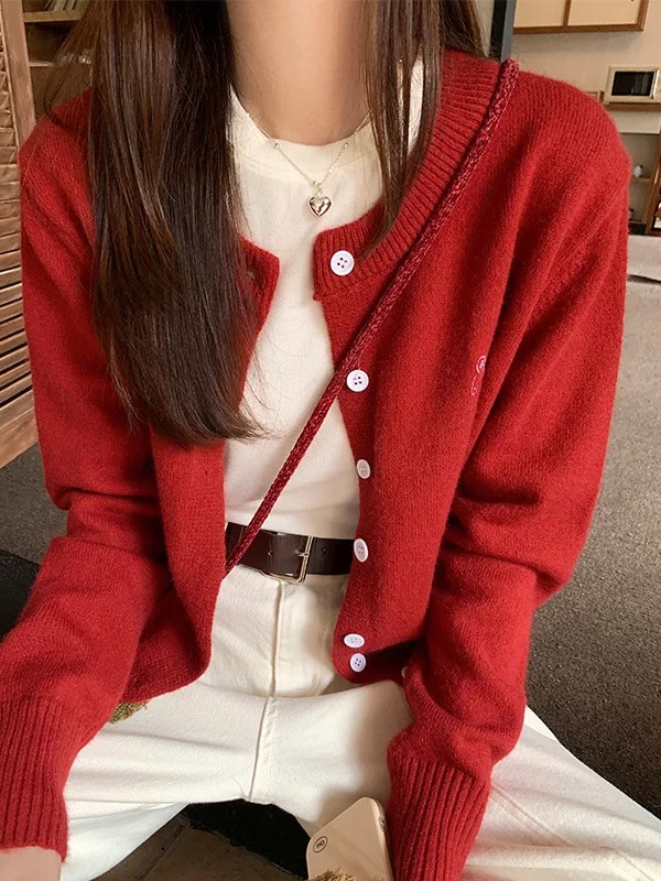 2026 Fall Embroidered Women Slim Fit Stretch Knit Cardigan Korean Round Neck Long Sleeve Top - Image 2