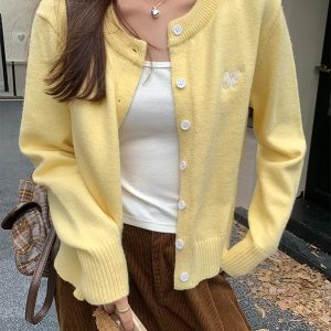 2026 Fall Embroidered Women Slim Fit Stretch Knit Cardigan Korean Round Neck Long Sleeve Top