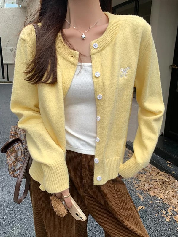 2026 Fall Embroidered Women Slim Fit Stretch Knit Cardigan Korean Round Neck Long Sleeve Top