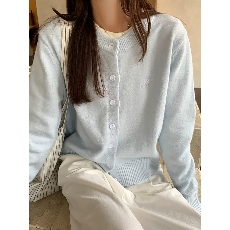 2026 Fall Embroidered Women Slim Fit Stretch Knit Cardigan Korean Round Neck Long Sleeve Top - Image 4