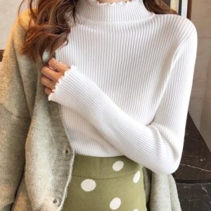 2026 Autumn Winter Women's Slim Fit Half Turtleneck Ruffle Long Sleeve Knit Base Layer Sweater