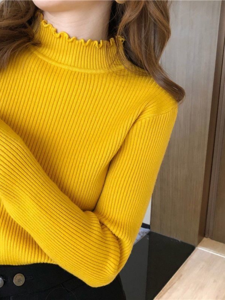 2026 Autumn Winter Women's Slim Fit Half Turtleneck Ruffle Long Sleeve Knit Base Layer Sweater - Image 4