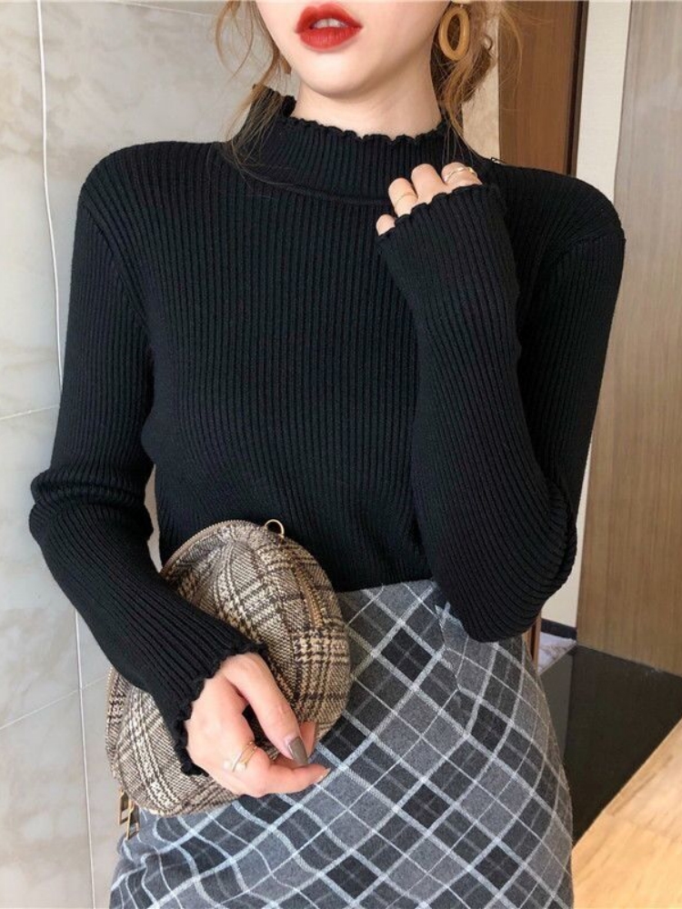 2026 Autumn Winter Women's Slim Fit Half Turtleneck Ruffle Long Sleeve Knit Base Layer Sweater - Image 3