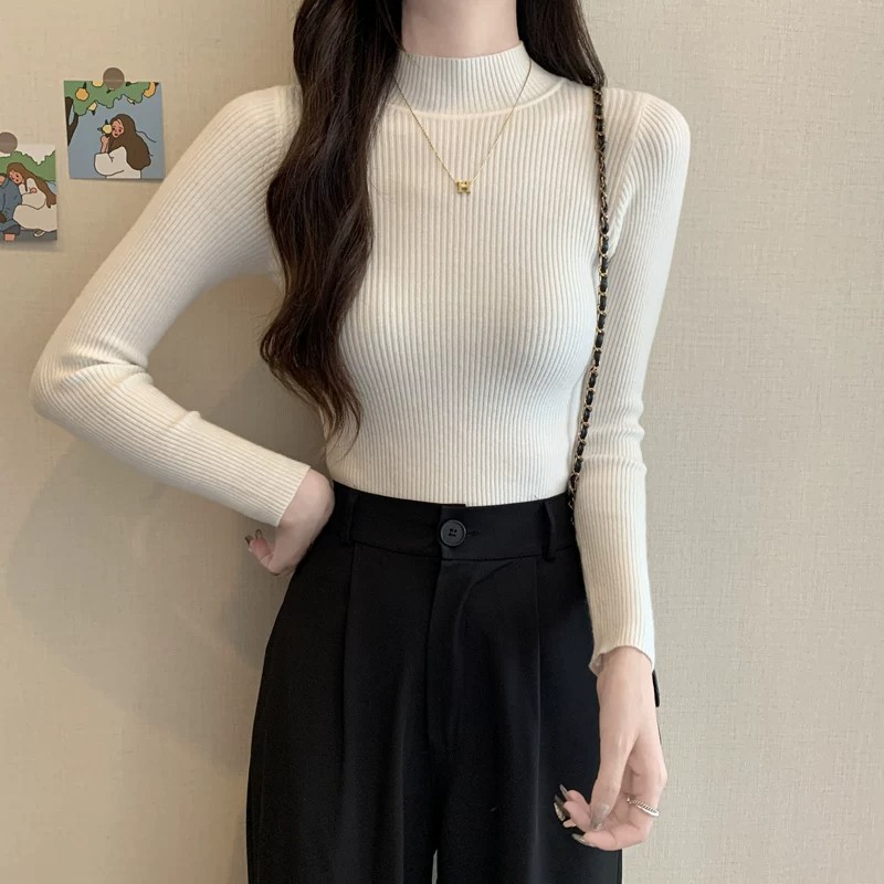 Women's Black Half Turtleneck Knit Sweater Slim Fit Long Sleeve Base Layer - Image 3