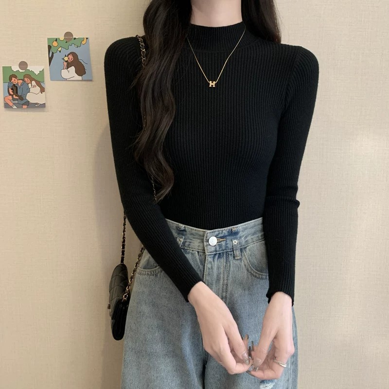 Women's Black Half Turtleneck Knit Sweater Slim Fit Long Sleeve Base Layer - Image 2