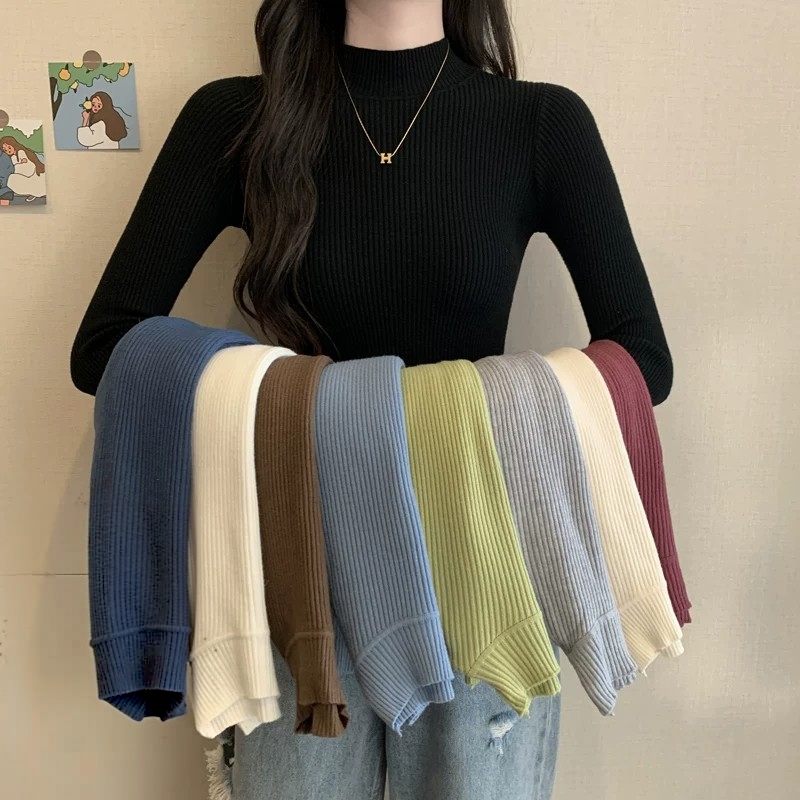 Women's Black Half Turtleneck Knit Sweater Slim Fit Long Sleeve Base Layer