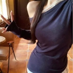 Women's Off-Shoulder Long Sleeve Lace Panel Slim Fit T-Shirt White Navy 2026 Summer