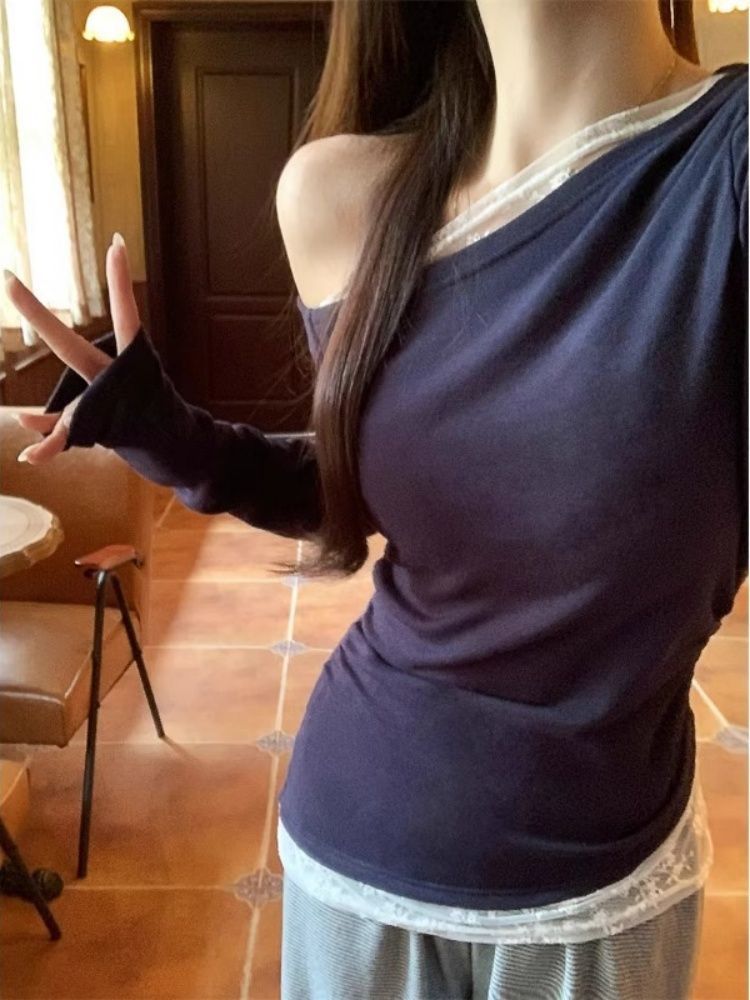 Women's Off-Shoulder Long Sleeve Lace Panel Slim Fit T-Shirt White Navy 2026 Summer