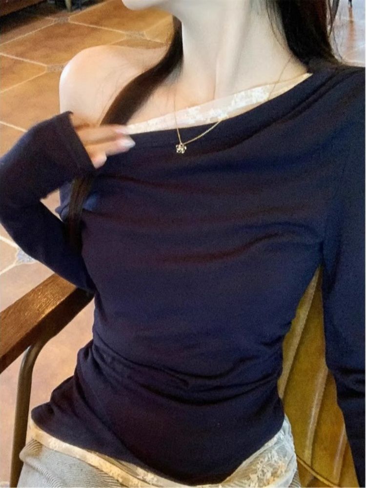 Women's Off-Shoulder Long Sleeve Lace Panel Slim Fit T-Shirt White Navy 2026 Summer - Image 2