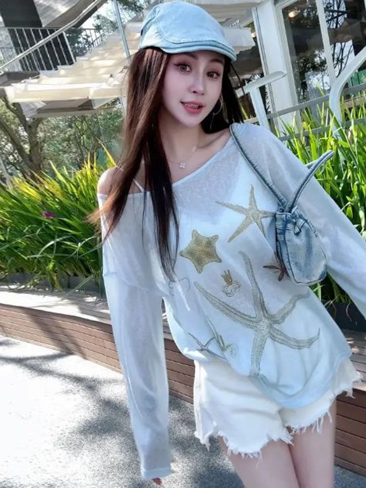 White Snowflake Rhinestone Print Off-Shoulder Long-Sleeve T-Shirt Women Summer Thin Sun Protection Top - Image 3